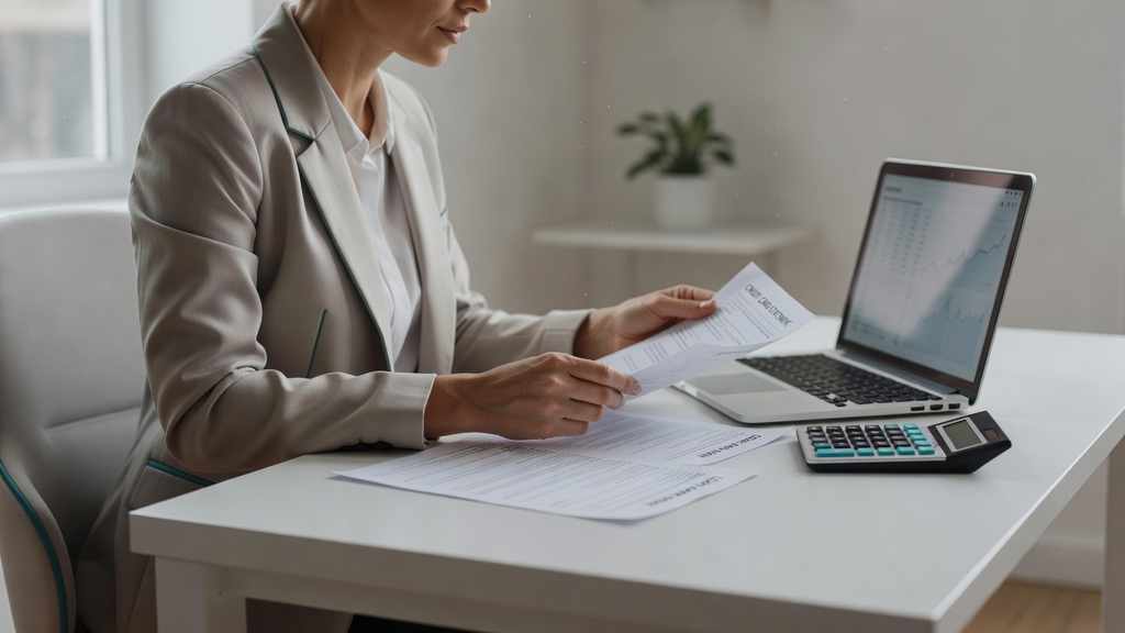 Person at a clean desk reviewing a credit card statement and loan paperwork beside a laptop and calculator in a contemporary home office