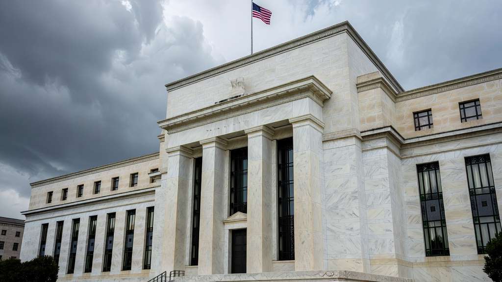 Neoclassical Federal Reserve building facade with an American flag under an overcast sky