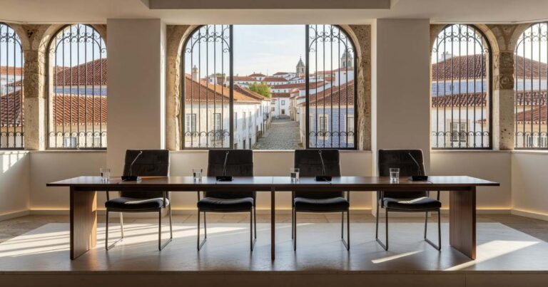 Empty international central banking panel stage with four microphones at a conference in a historic Portuguese hilltop town