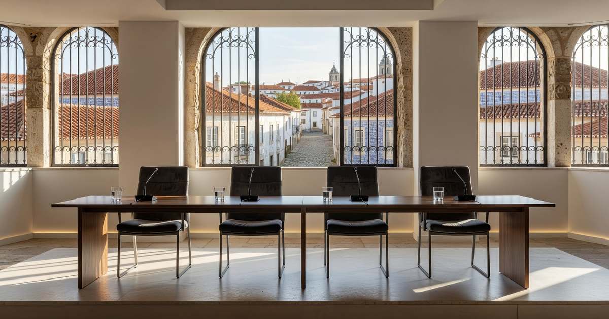 Empty international central banking panel stage with four microphones at a conference in a historic Portuguese hilltop town