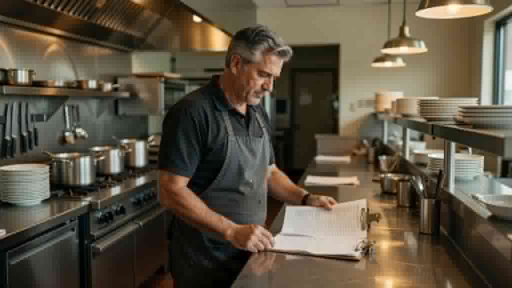Restaurant manager in an apron reviewing a paper staffing schedule clipped to a stainless steel counter inside a quiet modern American restaurant kitchen with empty prep stations behind under warm overhead lighting