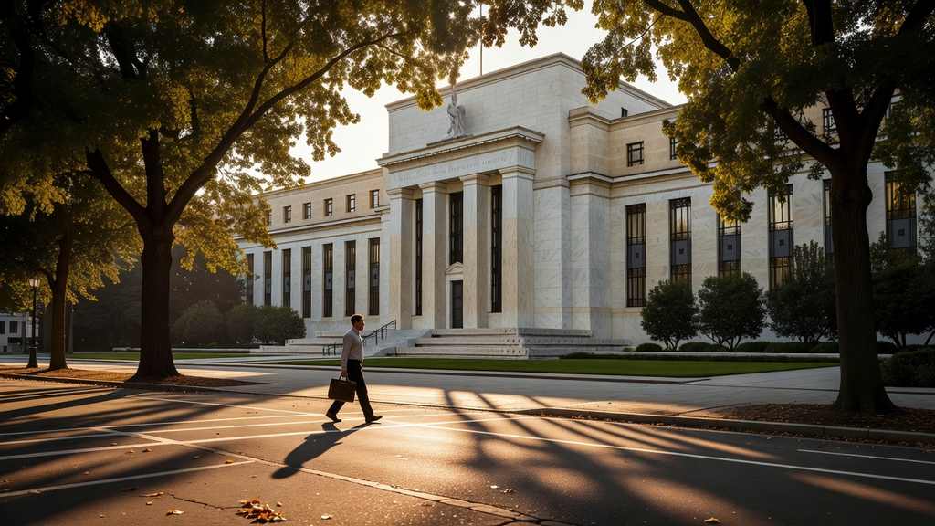 Facade of the Marriner S Eccles Federal Reserve Board building in Washington DC framed through summer tree branches in late afternoon golden light with a lone pedestrian crossing Constitution Avenue in the foreground casting long shadows