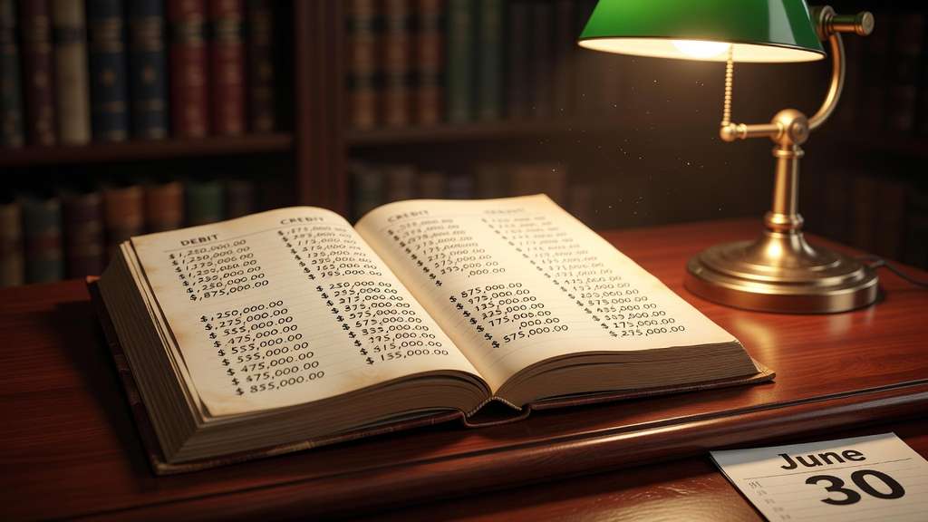 A financial ledger book open on a mahogany desk beside a brass lamp with columns of large dollar figures and a calendar page showing June 30