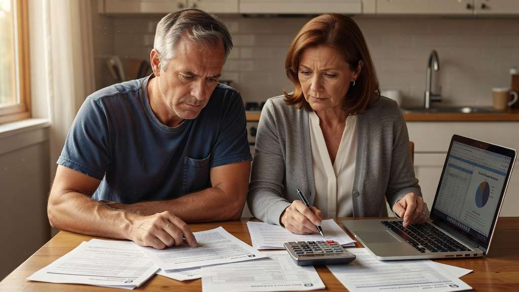 A middle-aged couple at a kitchen table reviewing bank statements and loan documents with a calculator and laptop in morning light