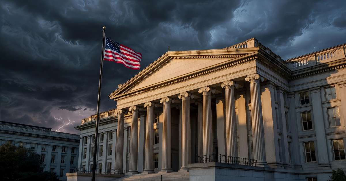 The United States Treasury building in Washington at dusk with golden light on its granite columns, an American flag in the foreground and dark storm clouds gathering overhead