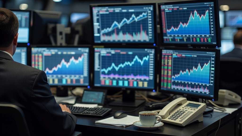 Over-the-shoulder view of a bond trader's desk with multiple monitors displaying blurred yield curve charts and market data in a dim trading floor lit by blue screen glow