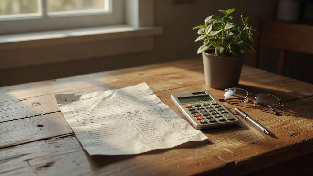 Still life of a wooden kitchen table with a paper household budget worksheet, calculator, reading glasses and a pen in soft warm morning window light
