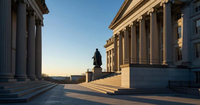 Wide editorial photograph of the United States Treasury building in Washington DC at sunrise, with warm light on its neoclassical granite columns under a clear morning sky