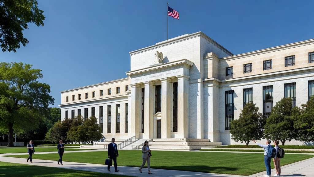 White marble neoclassical facade of the Marriner S. Eccles Federal Reserve Board building in Washington DC on a clear summer morning, with columns, trees, and pedestrians in the foreground