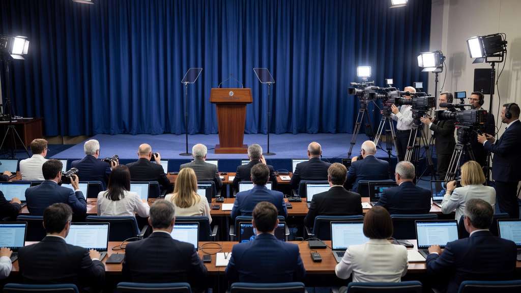 Rows of journalists with laptops and television cameras facing an empty wooden podium in a briefing room before a central bank press conference begins