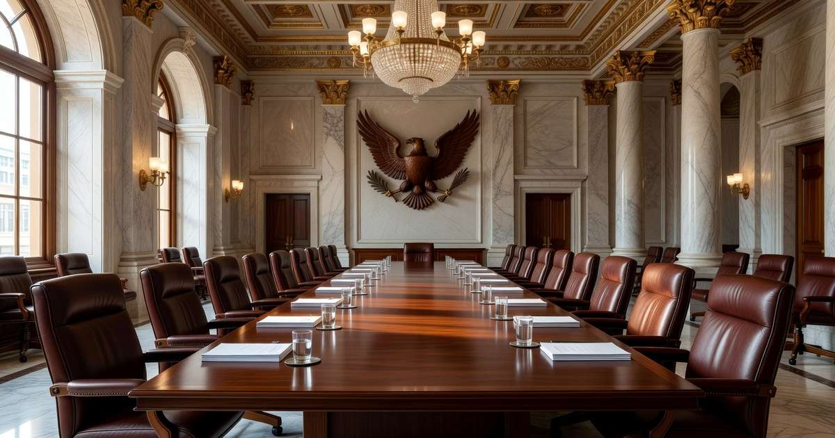 Long mahogany conference table surrounded by leather chairs inside a marble columned central bank boardroom in Washington, set with papers and water glasses moments before a policy meeting begins