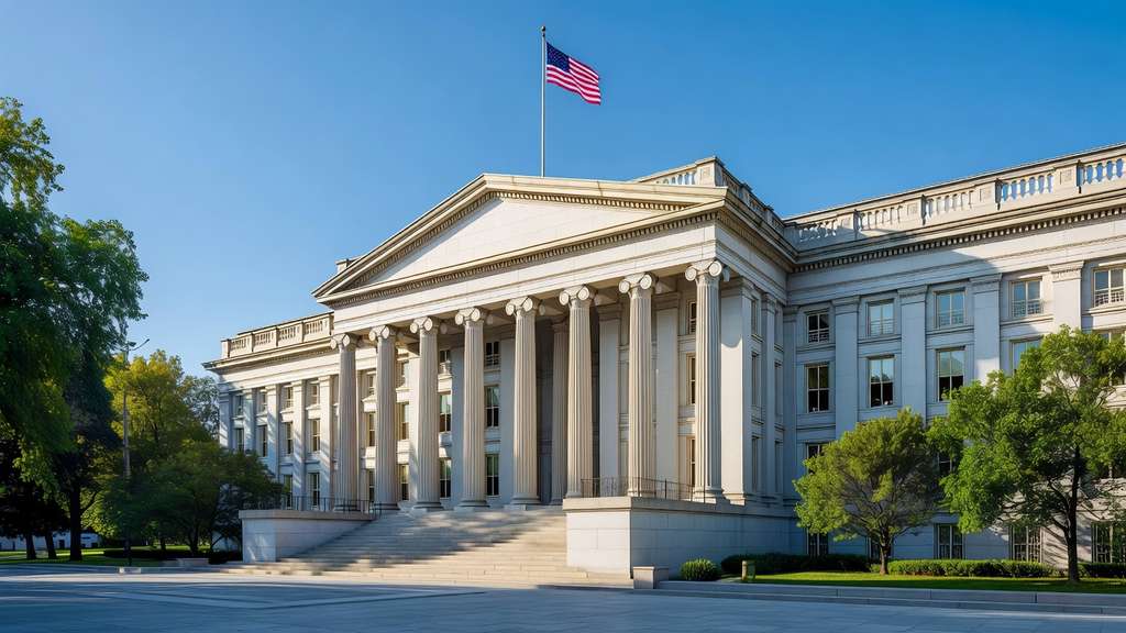 Neoclassical exterior of the United States Department of the Treasury building in Washington DC on a clear summer morning with columns, an American flag, and green trees