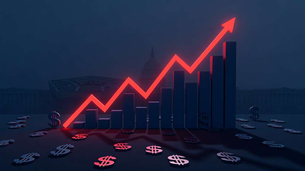 A large glowing red upward-trending line chart dominating the frame and casting a shadow over faint silhouettes of the Pentagon and the U.S. Capitol dome, representing rising interest costs crowding out other spending