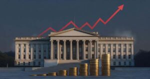 The United States Treasury building at sunrise with a rising red line graph across the sky and growing stacks of gold coins in the foreground, symbolizing climbing federal interest costs
