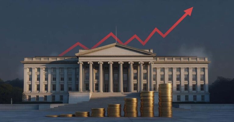 The United States Treasury building at sunrise with a rising red line graph across the sky and growing stacks of gold coins in the foreground, symbolizing climbing federal interest costs