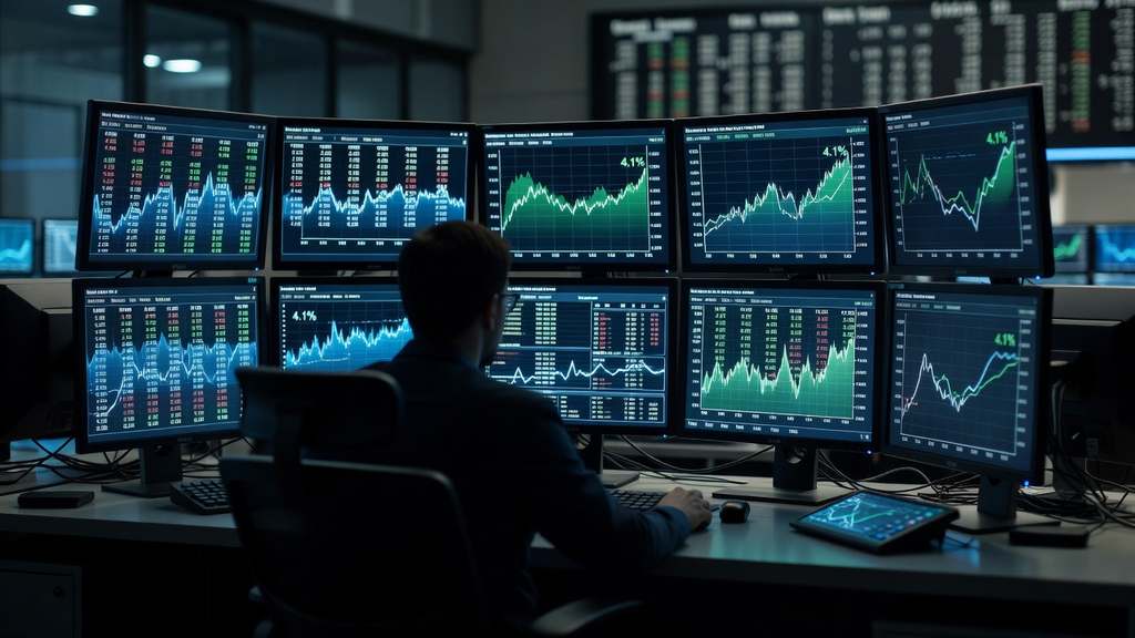 A bond market trading desk with monitors showing Treasury yield curves near four percent during an auction