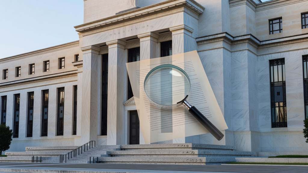 The Federal Reserve Eccles building with a document and magnifying glass motif representing FOMC meeting minutes under review