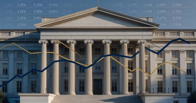 The U.S. Treasury Department building with abstract ascending and descending bond yield graphs, illustrating a three-year Treasury note auction