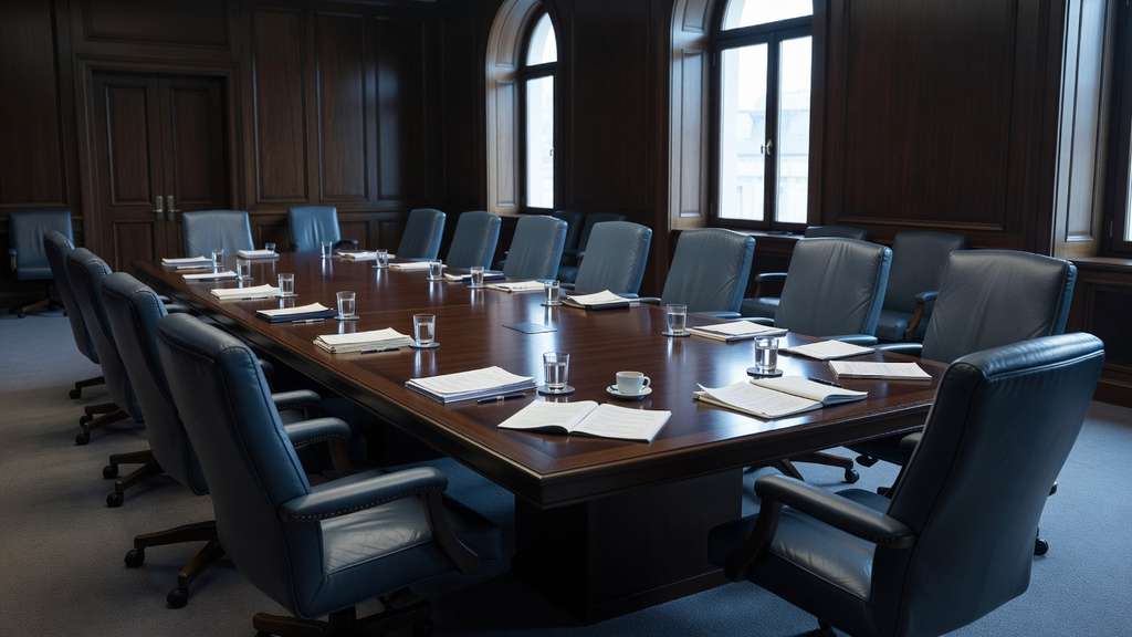 An empty central bank committee conference room with a long polished wood table ringed by leather chairs in soft daylight
