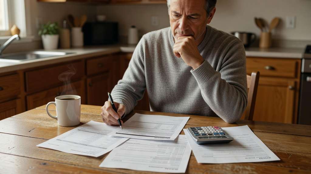 A person at a kitchen table reviewing a credit card statement and loan paperwork with a calculator and a cup of coffee