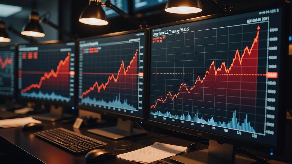 A bond trading desk with screens showing long-term Treasury yield charts rising past the five percent level.