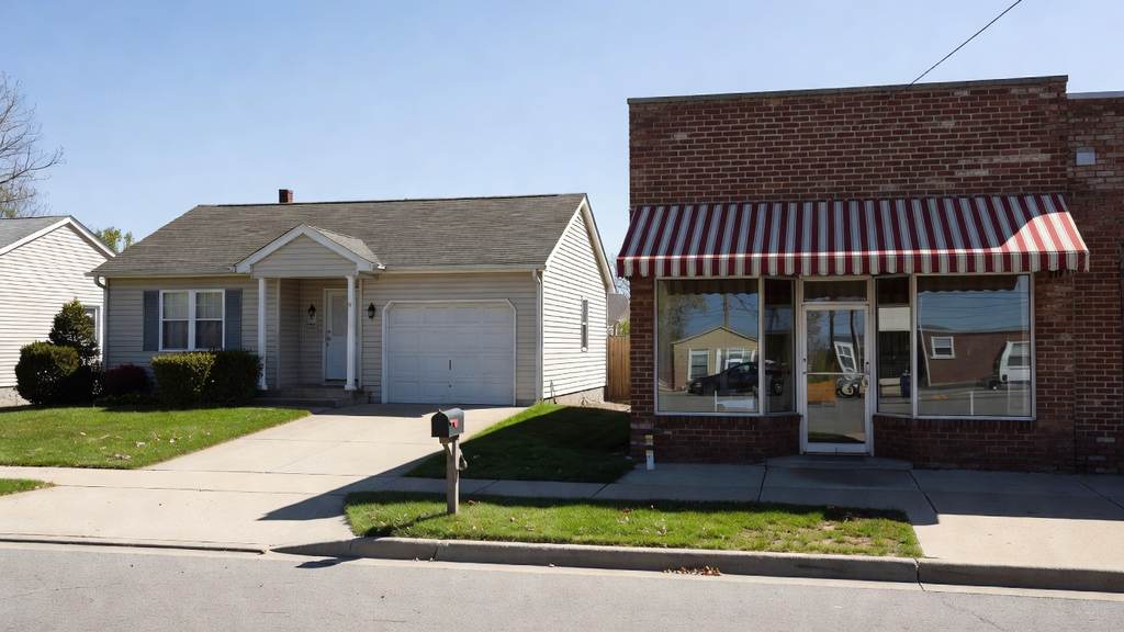 An American suburban home next to a small main-street storefront under clear daylight, representing household and small-business borrowing costs.