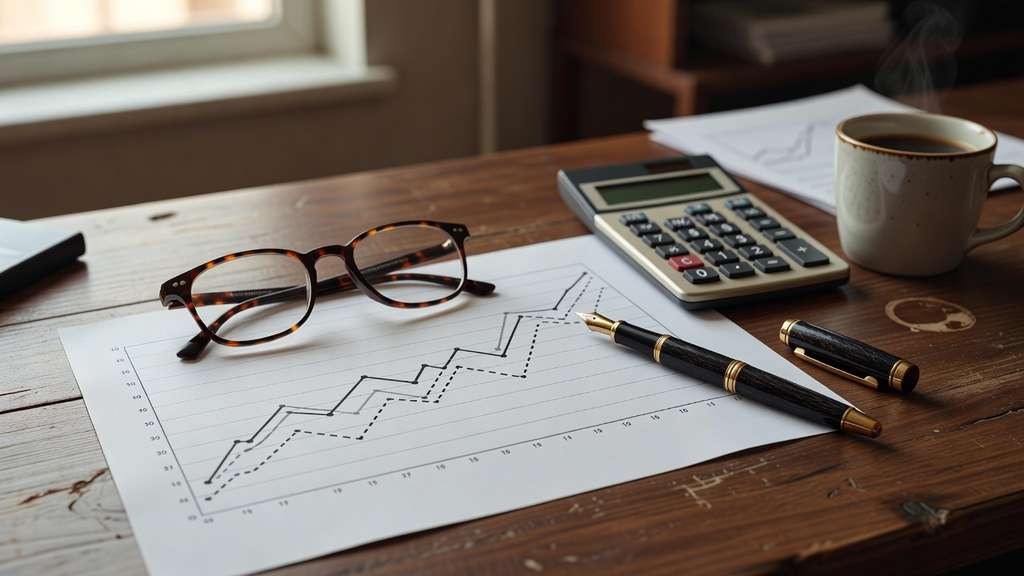 A close up of an analyst wooden desk holding a printed line chart with two lines that rise and fall roughly together across a grid alongside a pair of eyeglasses a fountain pen a calculator and a coffee cup in soft warm office window light