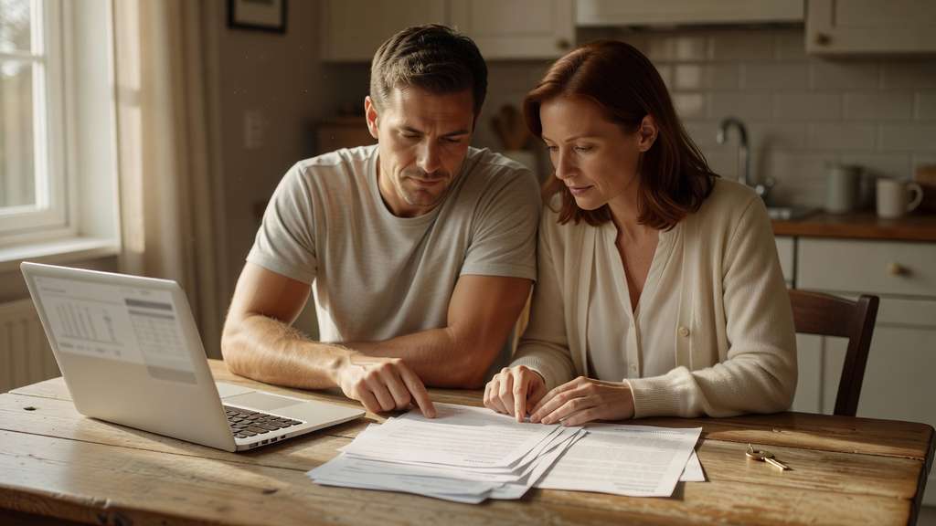 A couple seated at a kitchen table in warm natural morning light reviewing printed mortgage paperwork beside an open laptop and a house key resting on the table with their hands and the documents in sharp focus in a cozy domestic setting