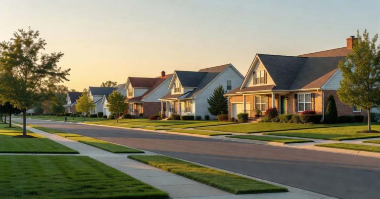 A quiet street of American suburban single family homes with pitched roofs and neatly kept green front lawns photographed in warm golden hour light under a clean sky, a calm residential neighborhood scene representing home financing and mortgage borrowing