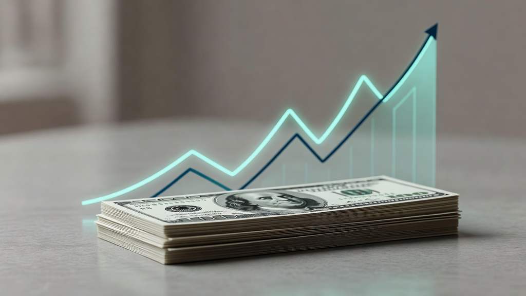 Layered stacks of one hundred dollar bills beside a glowing upward line graph in teal and navy illustrating growth in the U.S. money supply