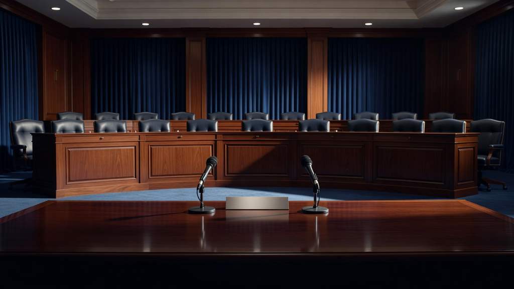 An empty United States Senate committee hearing room with a wooden witness table microphones and a tiered dais before a monetary policy testimony