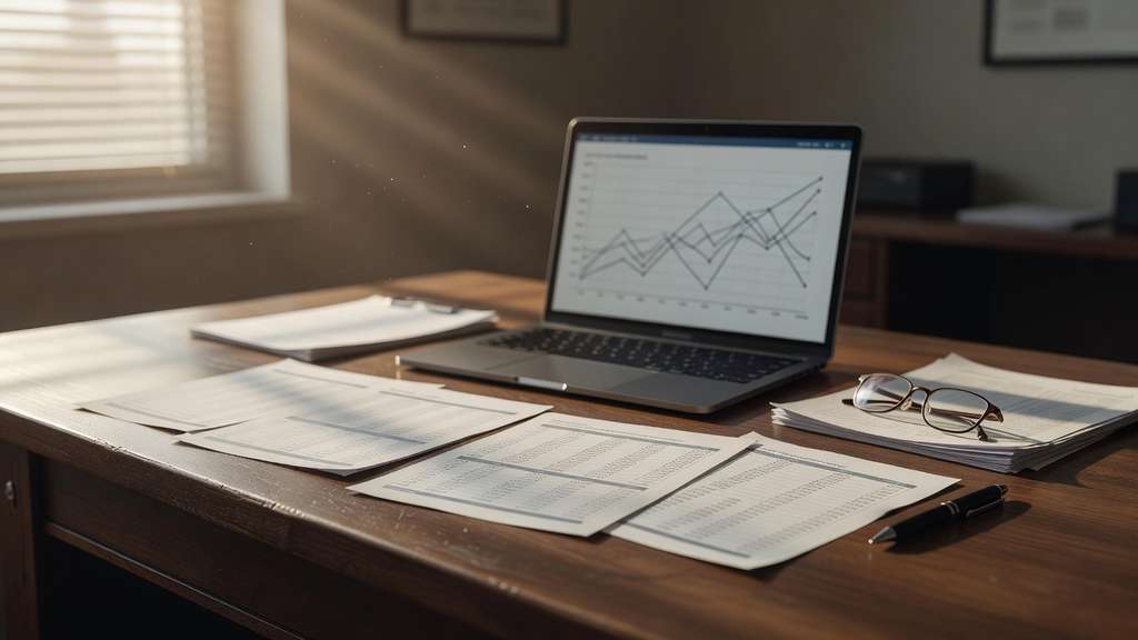 Economic statistics office desk with printed data tables a laptop showing an abstract line chart reading glasses and a pen in warm morning light conveying a serious analytical mood