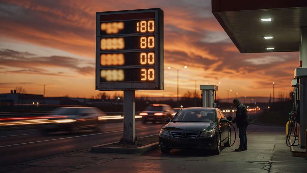 Gas station fuel price sign board at dusk against an orange sky with a car refueling below and blurred traffic motion illustrating rising energy costs