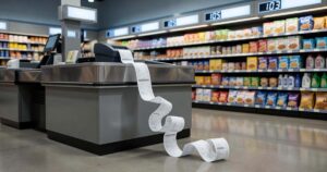 Wide editorial photograph of a modern grocery store checkout aisle with a long paper receipt curling down from the register and softly blurred shelves of everyday goods in the background under cool neutral daylight