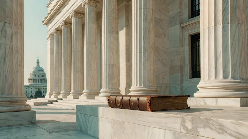 The marble columned facade of the Federal Reserve Marriner Eccles building with the U.S. Capitol dome faintly visible, representing the congressional statute that created the Fed's dual mandate