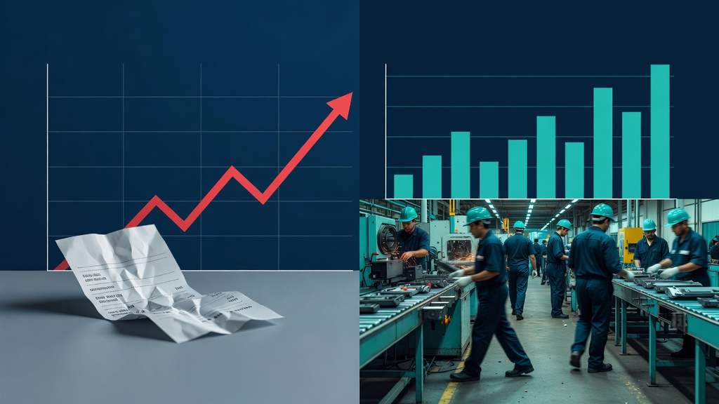 A split image contrasting a rising red consumer price chart on one side with a busy factory floor and teal employment bar chart on the other, showing the two halves of the Fed's dual mandate