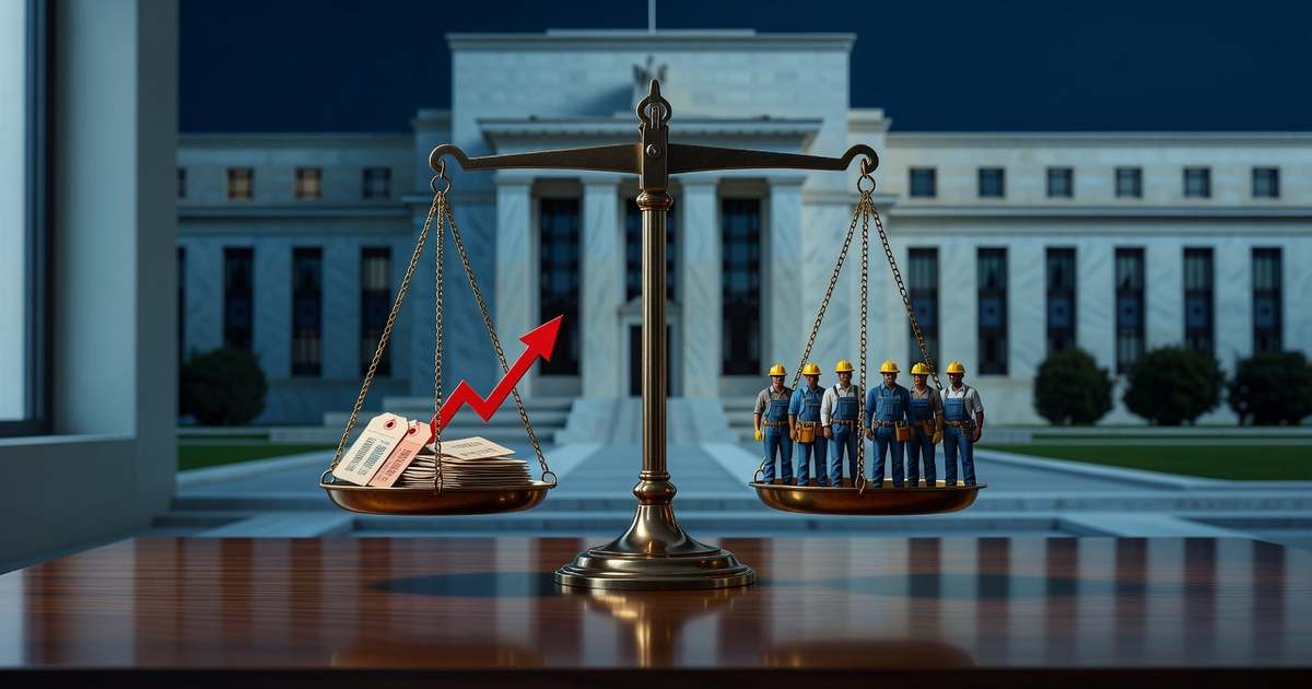 A brass balance scale weighing consumer price tags and a red inflation gauge against small figurines of workers in hard hats, with the Federal Reserve building blurred behind, illustrating the tension between inflation and employment