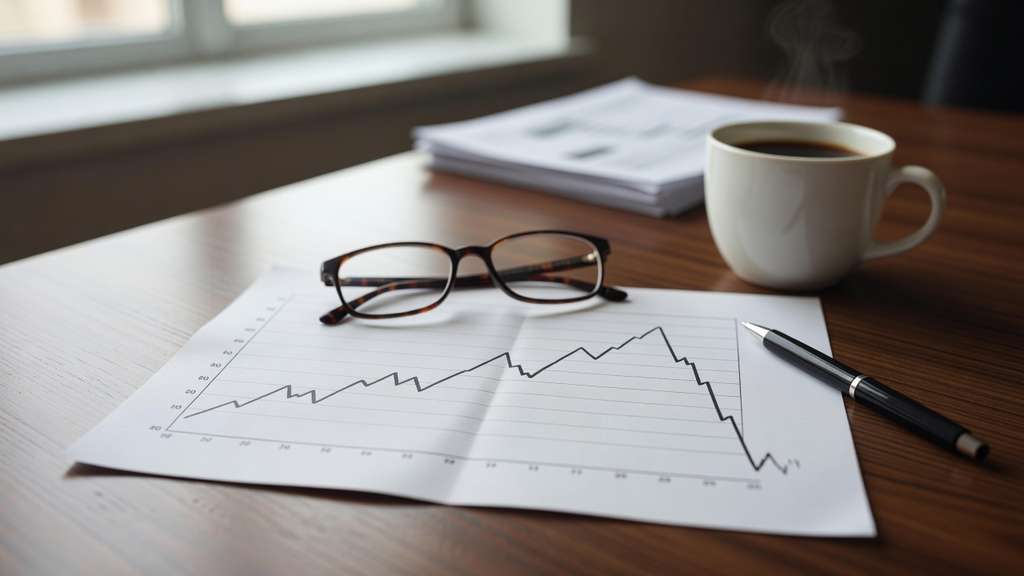 Reading glasses and a pen rest on a printed line chart on a wooden desk, the plotted line rising for years before turning sharply lower at the end, beside a cup of coffee.