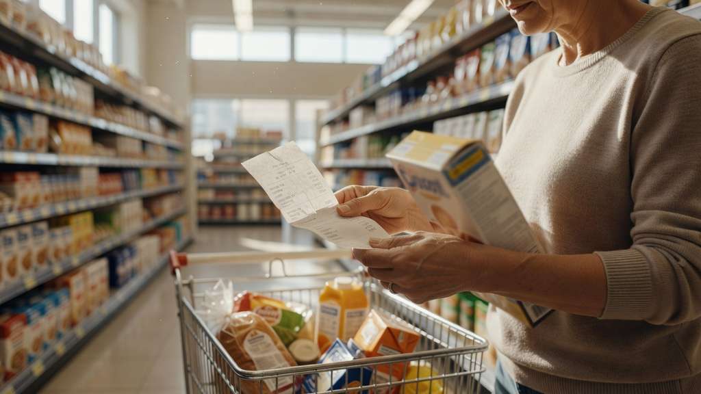 A shopper in a bright grocery store aisle studies a paper receipt while holding a boxed grocery item, with a cart of groceries in the foreground.