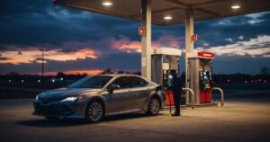 A driver refuels a gray sedan at a suburban American gas station at dusk, with glowing pump islands and a deep blue and orange evening sky behind the canopy.