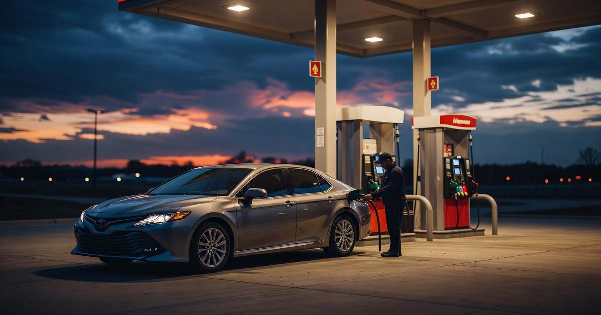 A driver refuels a gray sedan at a suburban American gas station at dusk, with glowing pump islands and a deep blue and orange evening sky behind the canopy.