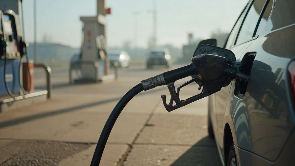 Close-up of a fuel pump nozzle inserted into a car fuel tank at a gas station in soft morning light