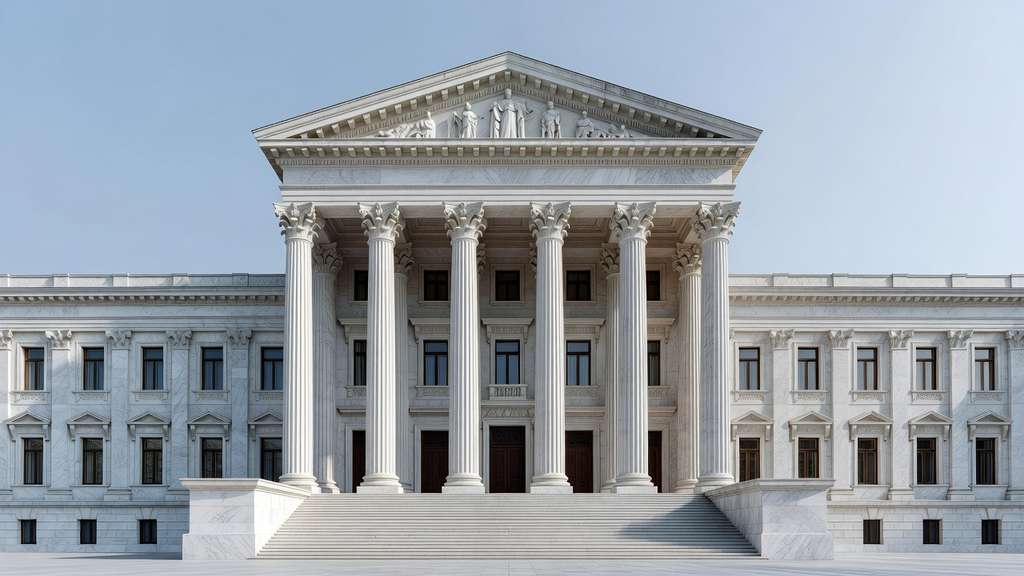 Stately neoclassical government building facade with tall marble columns under a clear sky