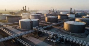 Aerial view of a large industrial oil refinery with fuel storage tanks and pipelines at golden hour under a hazy sky