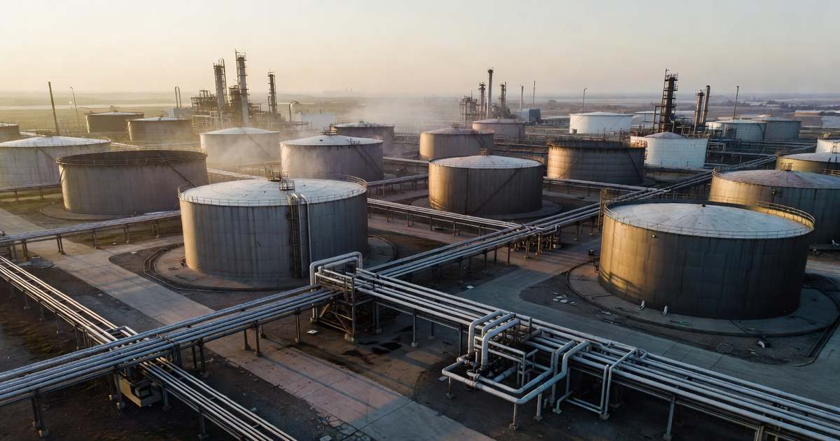 Aerial view of a large industrial oil refinery with fuel storage tanks and pipelines at golden hour under a hazy sky