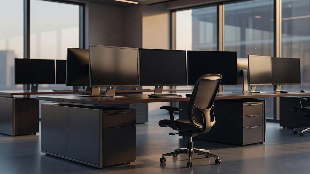 A modern bond trading desk with several dark computer monitors and an empty office chair beside floor to ceiling windows in a quiet finance newsroom lit by soft morning light