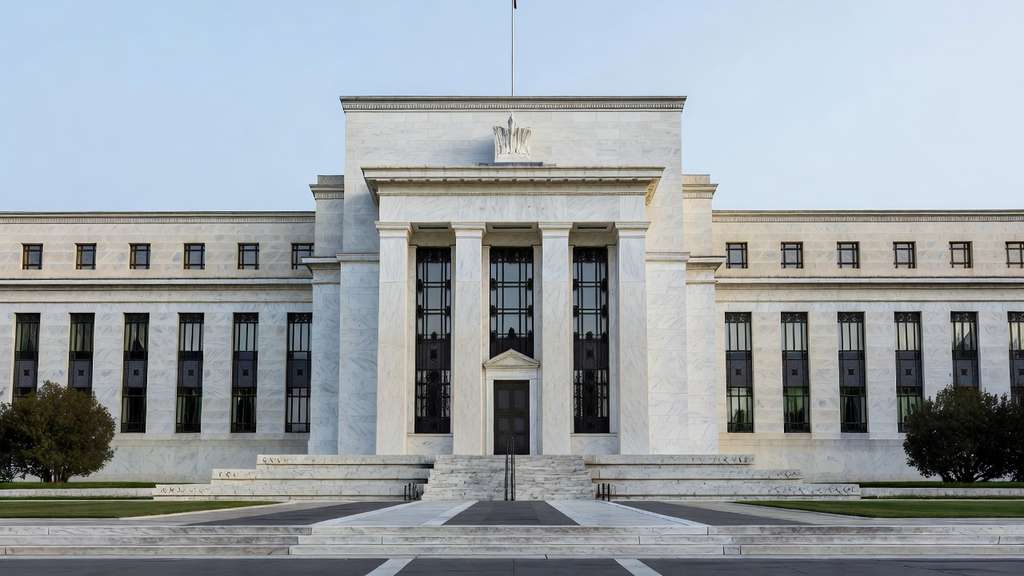 The white marble facade of the Federal Reserve Marriner Eccles building in Washington DC with tall columns and stone steps under soft overcast daylight