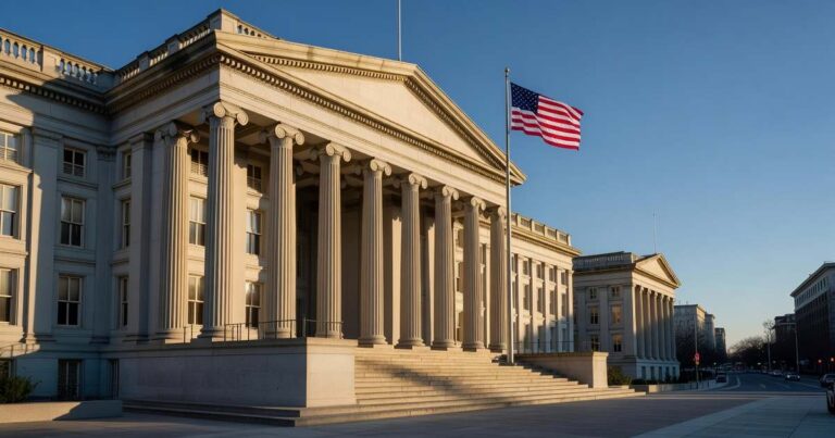 The neoclassical facade of the United States Treasury building in Washington DC photographed at golden hour with tall stone columns an American flag and a clear sky in professional financial news style