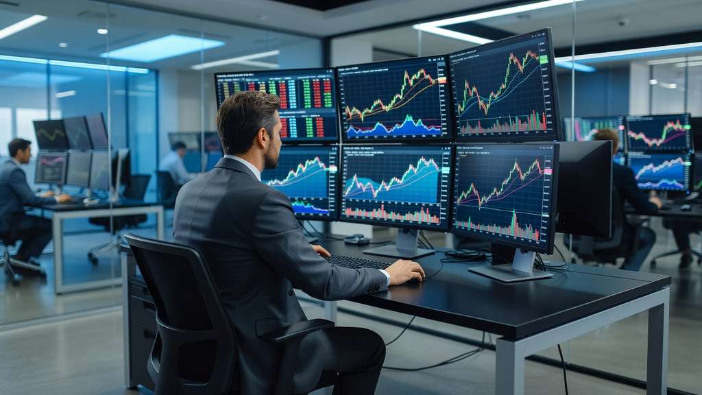 A trader in business attire seen from behind at an institutional bond trading desk, facing several monitors that display green and red financial charts and yield curve graphs under cool blue office lighting