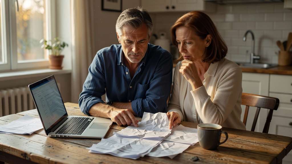 A middle aged couple sits at a kitchen table in warm natural window light reviewing paper billing statements and a laptop, with a coffee mug beside the scattered documents
